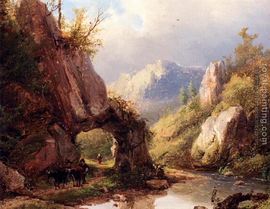Johann Bernard Klombeck : A Mountain Valley With A Peasant And Cattle Passing Along A Stream